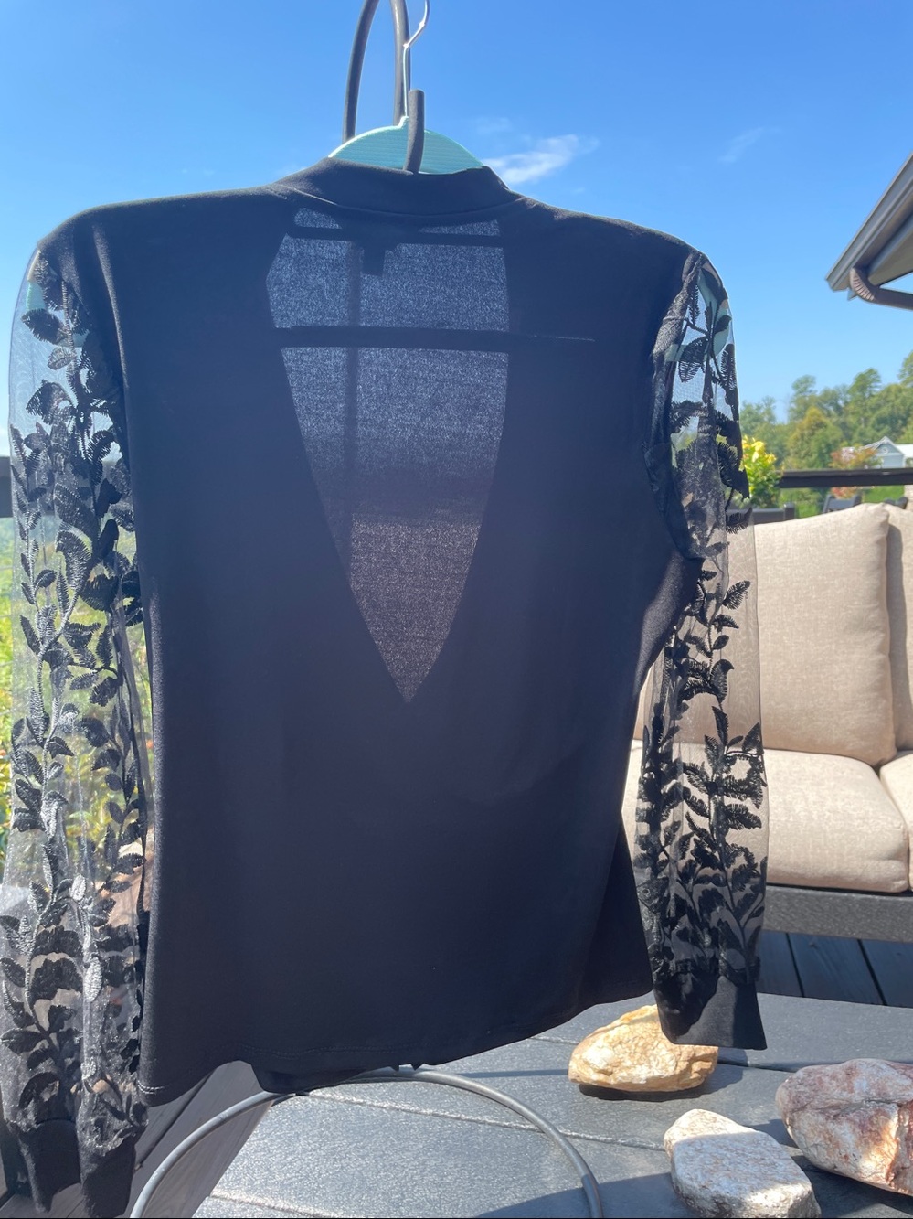 Adiva Black Draped crossover. Sheer Floral Lace sleeve, NWOT. Crisp and new.